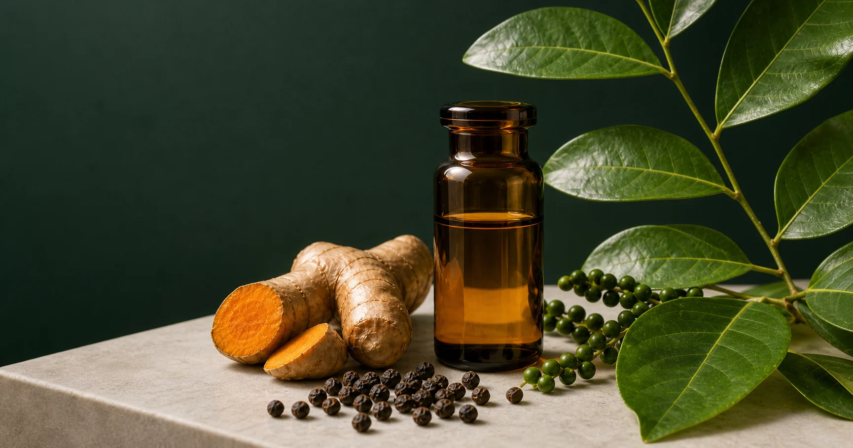 Amber botanical extract with turmeric, peppercorns and fresh leaves